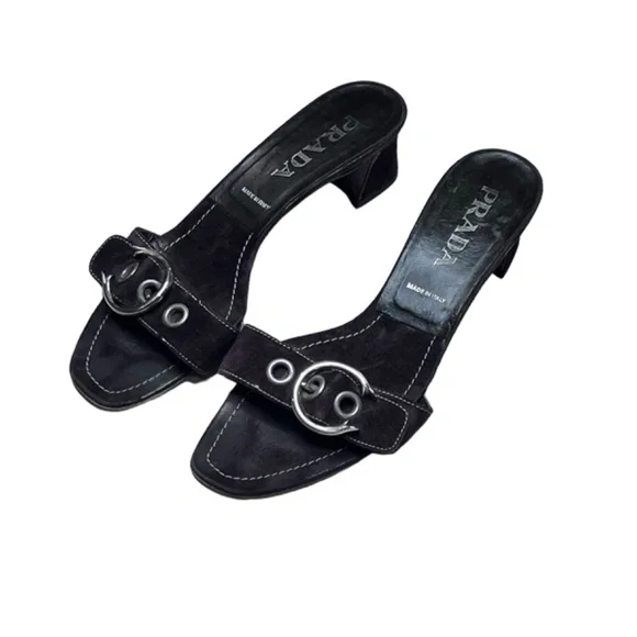 Prada Low Block Heel Buckle Strap Slide On Suede Leather Sandal - Picture 12 of 15